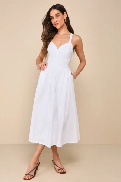 Lulus Strolling Sicily White Pleated Backless Midi Dress With Pockets In White