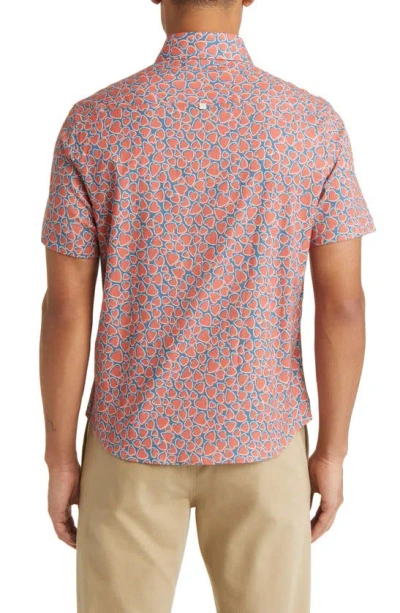 Shop Stone Rose Heart Print Short Sleeve Button-up Shirt In Salmon Red