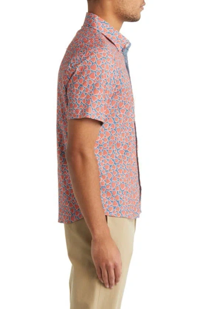 Stone Rose Heart Print Short Sleeve Button-up Shirt In Salmon Red