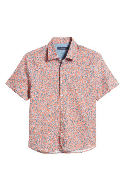 Shop Stone Rose Heart Print Short Sleeve Button-up Shirt In Salmon Red