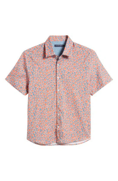 Stone Rose Heart Print Short Sleeve Button-up Shirt In Salmon Red