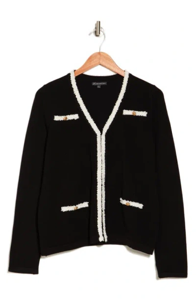 Shop Adrianna Papell Boucle Trim V-neck Cardigan In Black/ Cream
