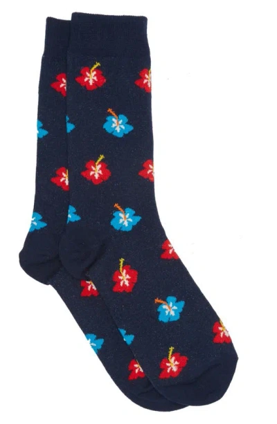Shop Happy Socks Hibiscus Crew Sock In Navy