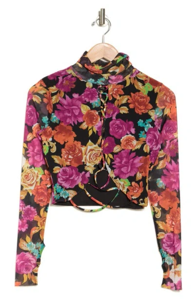 Shop Afrm Lela Front Lace-up Crop Top In Noir Rose Bouquet