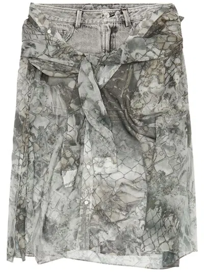 Shop Diesel O-jeany Denim Mini Skirt With Chiffon Overlay In Gray