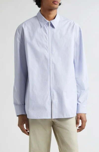 Shop Post Archive Faction 6.0 Stripe Cotton Zip Front Shirt Right In Sky Blue