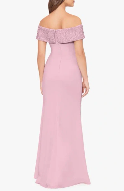 Shop Betsy & Adam Bead Detail Off The Shoulder Scuba Crepe Sheath Gown In Rose/ Pearl
