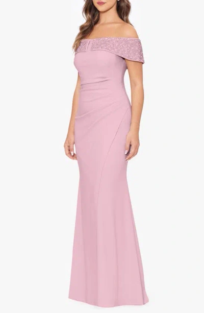 Shop Betsy & Adam Bead Detail Off The Shoulder Scuba Crepe Sheath Gown In Rose/ Pearl