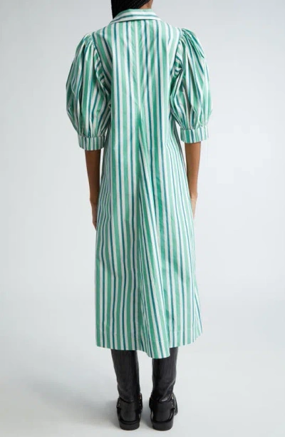Ganni Stripe Organic Cotton Midi Shirtdress In Creme De Menthe