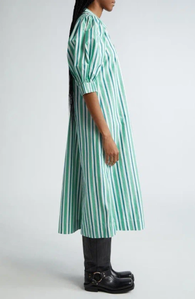 Shop Ganni Stripe Organic Cotton Midi Shirtdress In Creme De Menthe