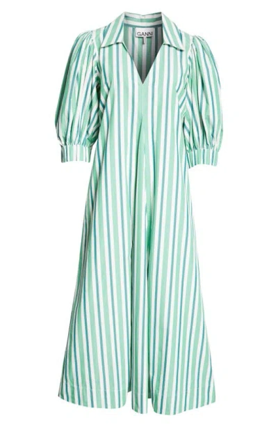 Ganni Stripe Organic Cotton Midi Shirtdress In Creme De Menthe