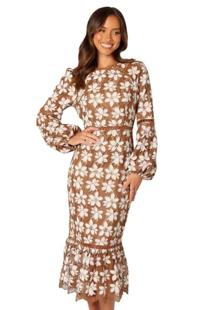 Petal And Pup Petal & Pup Pierre Floral Long Sleeve Lace Midi Dress In Brown