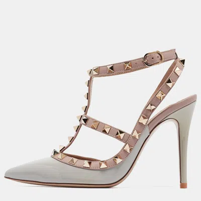 Pre-owned Valentino Garavani Grey/pink Leather And Patent Rockstud Ankle-strap Pumps Size 35