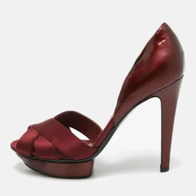 Pre-owned Sergio Rossi Burgundy Satin And Patent Open Toe Platform D'orsay Pumps Size 38