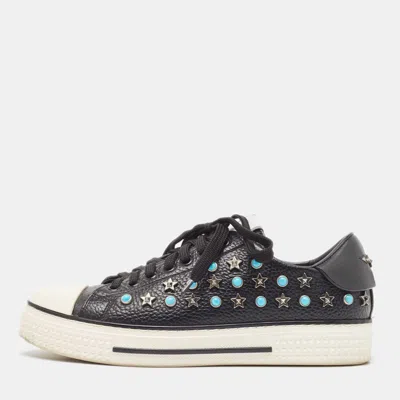 Pre-owned Valentino Garavani Black Leather Star Studded Low Top Sneakers Size 38
