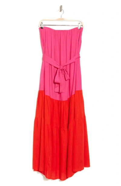 Shop Lumiere Strapless Colorblock Midi Dress In Pink Red