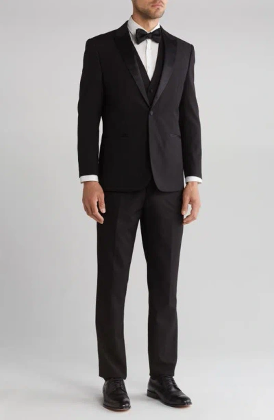 Shop Gino Vitale Slim Fit Satin Peak Lapel 3-piece Tuxedo In Black