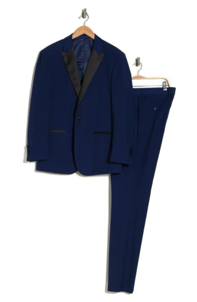 Shop Gino Vitale Slim Fit Satin Peak Lapel 3-piece Tuxedo In Indigo