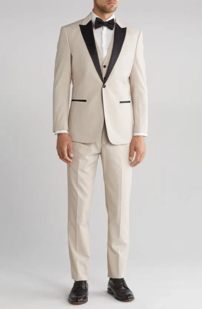 Shop Gino Vitale Slim Fit Satin Peak Lapel 3-piece Tuxedo In Light Beige