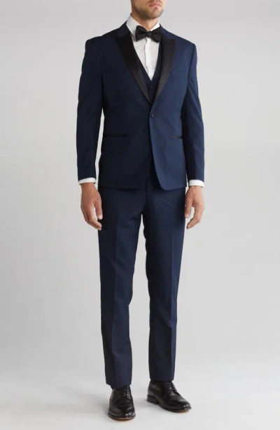 Shop Gino Vitale Slim Fit Satin Peak Lapel 3-piece Tuxedo In Navy