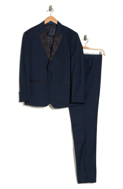 Shop Gino Vitale Slim Fit Satin Peak Lapel 3-piece Tuxedo In Navy