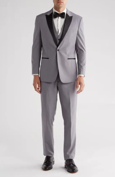 Shop Gino Vitale Slim Fit Satin Peak Lapel 3-piece Tuxedo In Light Grey