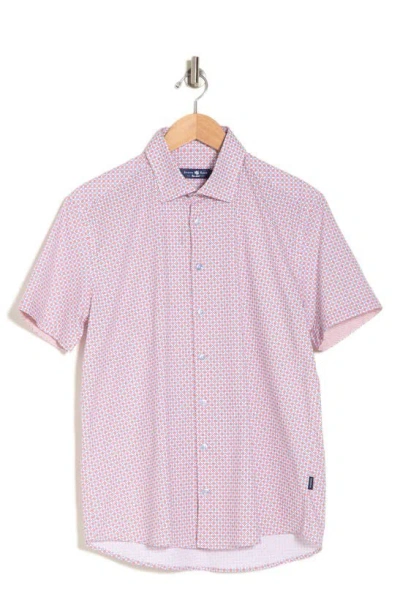Shop Stone Rose Clover Geo Print Short Sleeve Stretch Cotton Button-up Shirt In Dark Orange