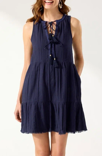 Shop Tommy Bahama Mykonos Tassel Accent Cotton Gauze Cover-up Dress In Mare Navy