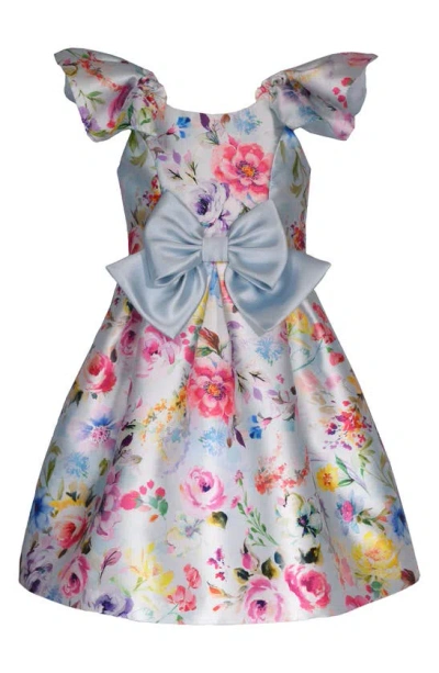 Shop Iris & Ivy Kids' Floral Bow Cap Sleeve Party Dress In Blue