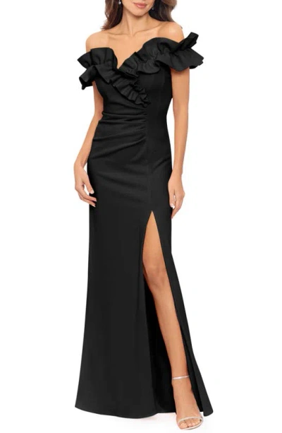 Shop Xscape Evenings Ruffle Ruched Off The Shoulder Scuba Gown In Black