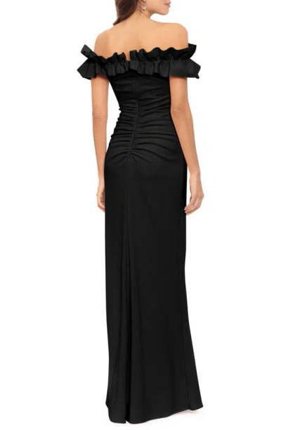 Shop Xscape Evenings Ruffle Ruched Off The Shoulder Scuba Gown In Black