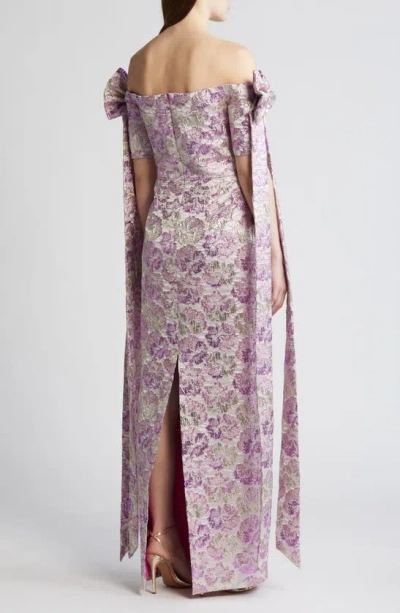 Shop Black Halo Paisley Floral Metallic Brocade Off The Shoulder Evening Gown In Glowing Amethyst