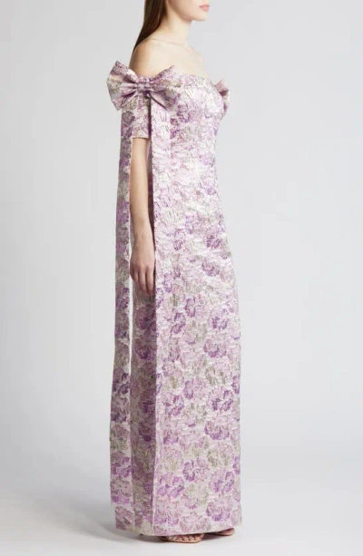 Shop Black Halo Paisley Floral Metallic Brocade Off The Shoulder Evening Gown In Glowing Amethyst