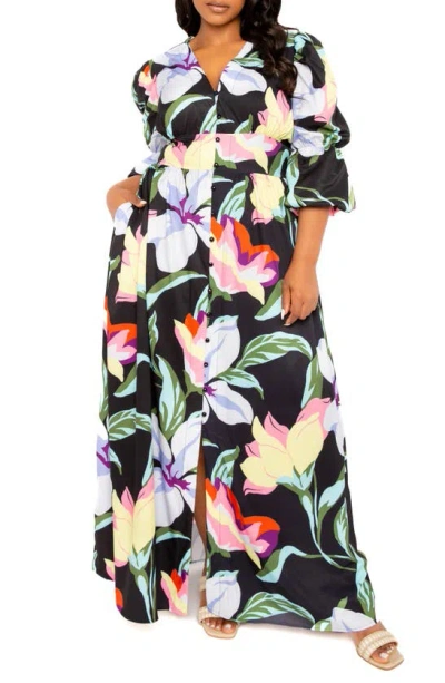 Shop Buxom Couture Floral Puff Sleeve Maxi Dress In Black Multi