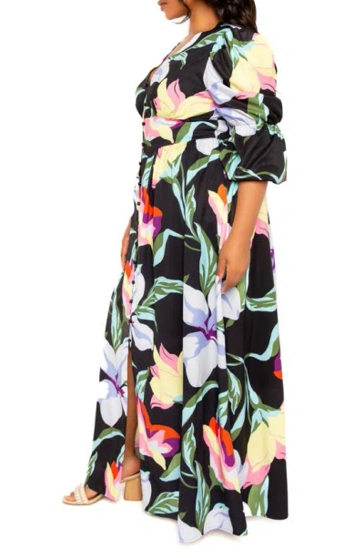 Shop Buxom Couture Floral Puff Sleeve Maxi Dress In Black Multi