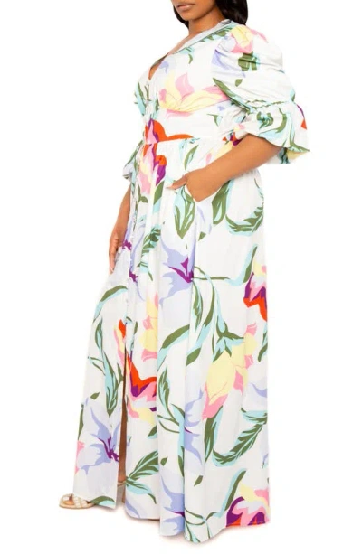 Shop Buxom Couture Floral Puff Sleeve Maxi Dress In White Multi