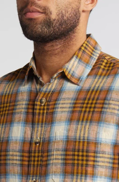 Shop Pendleton Dawson Plaid Short Sleeve Linen Blend Button-up Shirt In Adobe/ Tan/ Blue Plaid