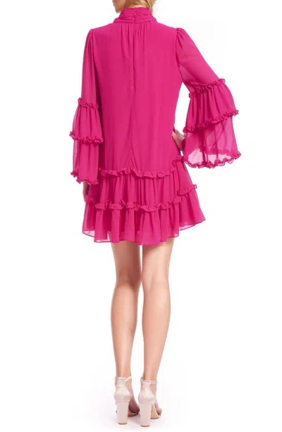 Jewel Badgley Mischka Tiered Ruffle Long Sleeve Keyhole Cutout Trapeze Dress In Pink