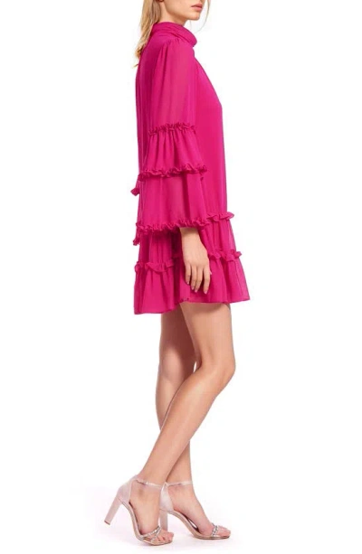 Jewel Badgley Mischka Tiered Ruffle Long Sleeve Keyhole Cutout Trapeze Dress In Pink