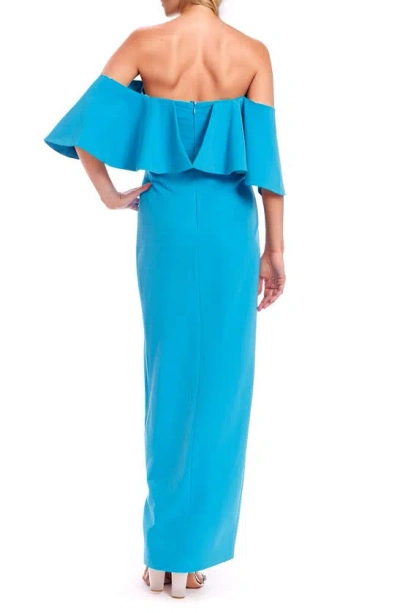 Shop Jewel Badgley Mischka Ruffle Off The Shoulder Gown In Turquoise