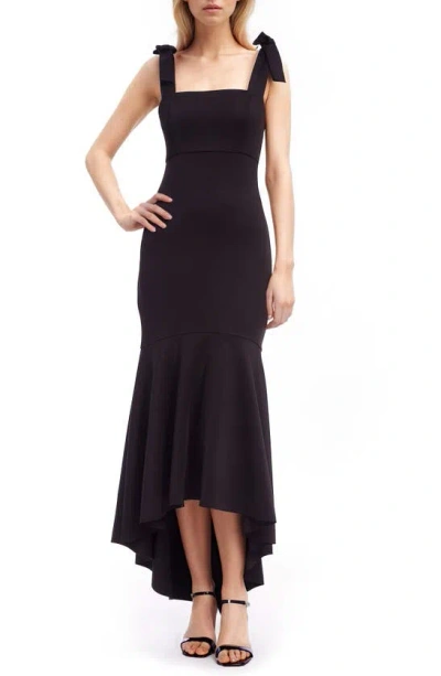 Shop Jewel Badgley Mischka Bow Shoulder High-low Gown In Black
