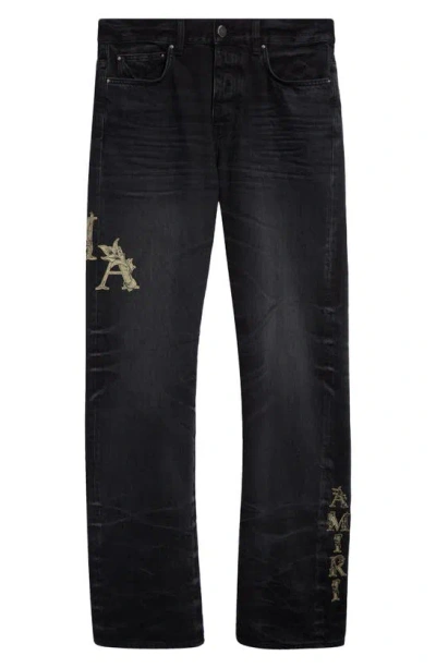 Shop Amiri Baroque Logo Straight Leg Jeans In Faded Black