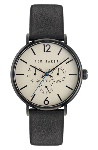 Shop Ted Baker Recycled Stainless Steel Leather Strap Watch In Black