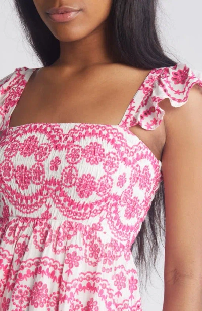 Shop Chelsea28 Embroidered Eyelet Smocked Sleeveless Maxi Sundress In Ivory- Pink