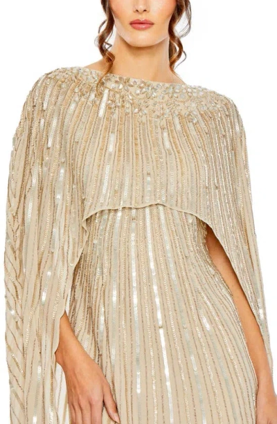 Shop Mac Duggal Sequin Embellished Long Sleeve Capelet Column Gown In Champagne
