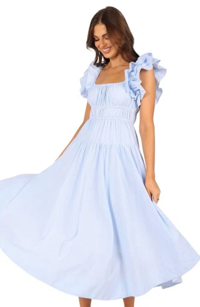 Petal And Pup Petal & Pup Linda Stripe Ruffle Sleeve Cotton Midi Dress In Blue