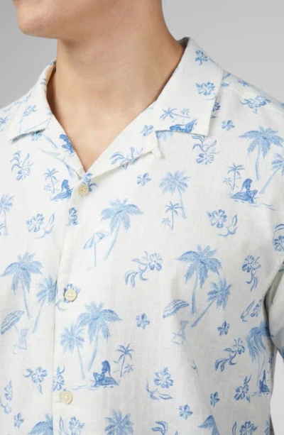 Shop Ben Sherman Resort Tropical Print Linen & Cotton Camp Shirt In Ivory Blue