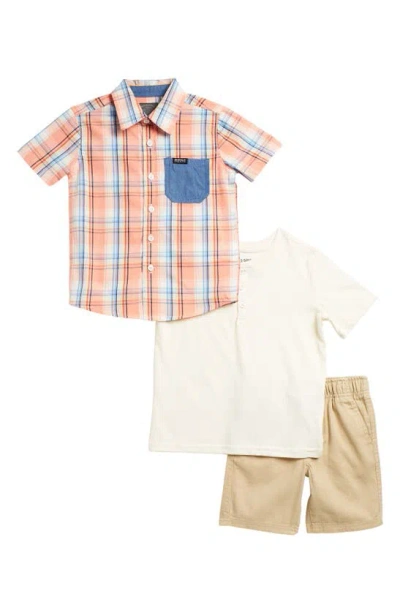 Shop Buffalo Kids' Floral Button-up Shirt, Henley & Shorts Set In Khaki