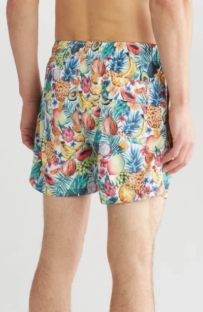 Vintage Summer Fun Fruit Print Swim Trunks In White Multi