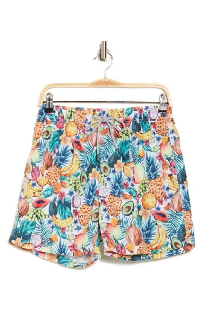 Vintage Summer Fun Fruit Print Swim Trunks In White Multi